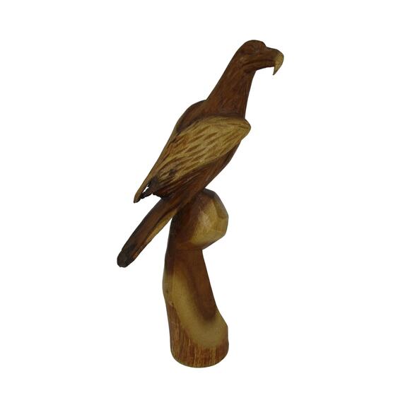 Hand Carved Bird Sitting on Log Wood Beautiful Bird Stained Natural 13" Tall - Picture 1 of 9